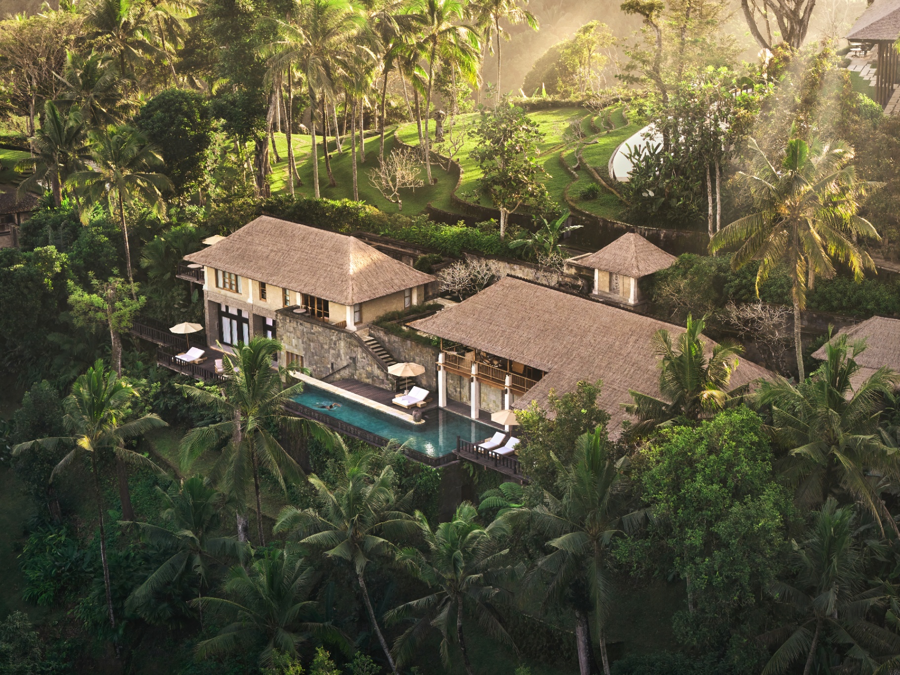 Bayu Gita Residence aus der Luft: Reetdächer, Pool und Reisterrassen im Morgenlicht über dem Ayung-Tal