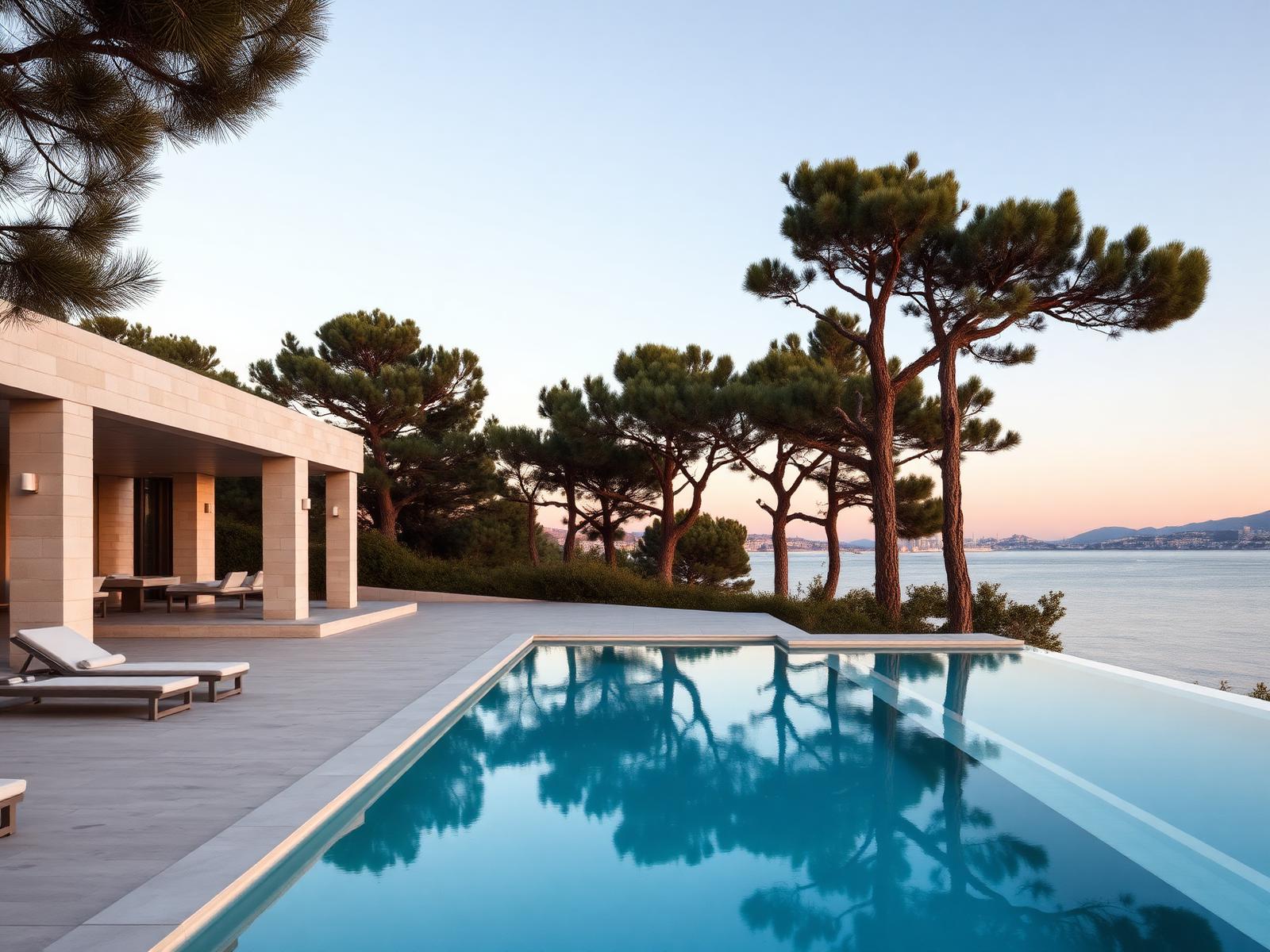 Modernist stone pavilion and still pool among umbrella pines above the Aegean at dusk