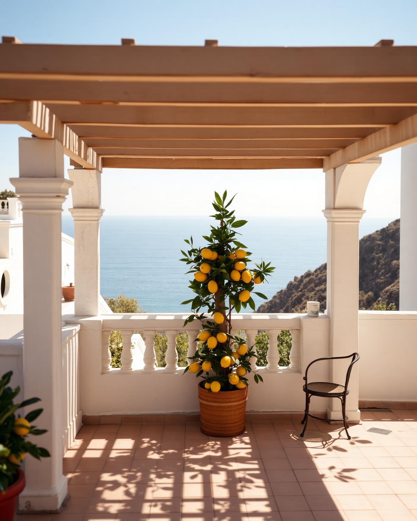 A shaded pergola terrace with a lemon tree and the sea beyond