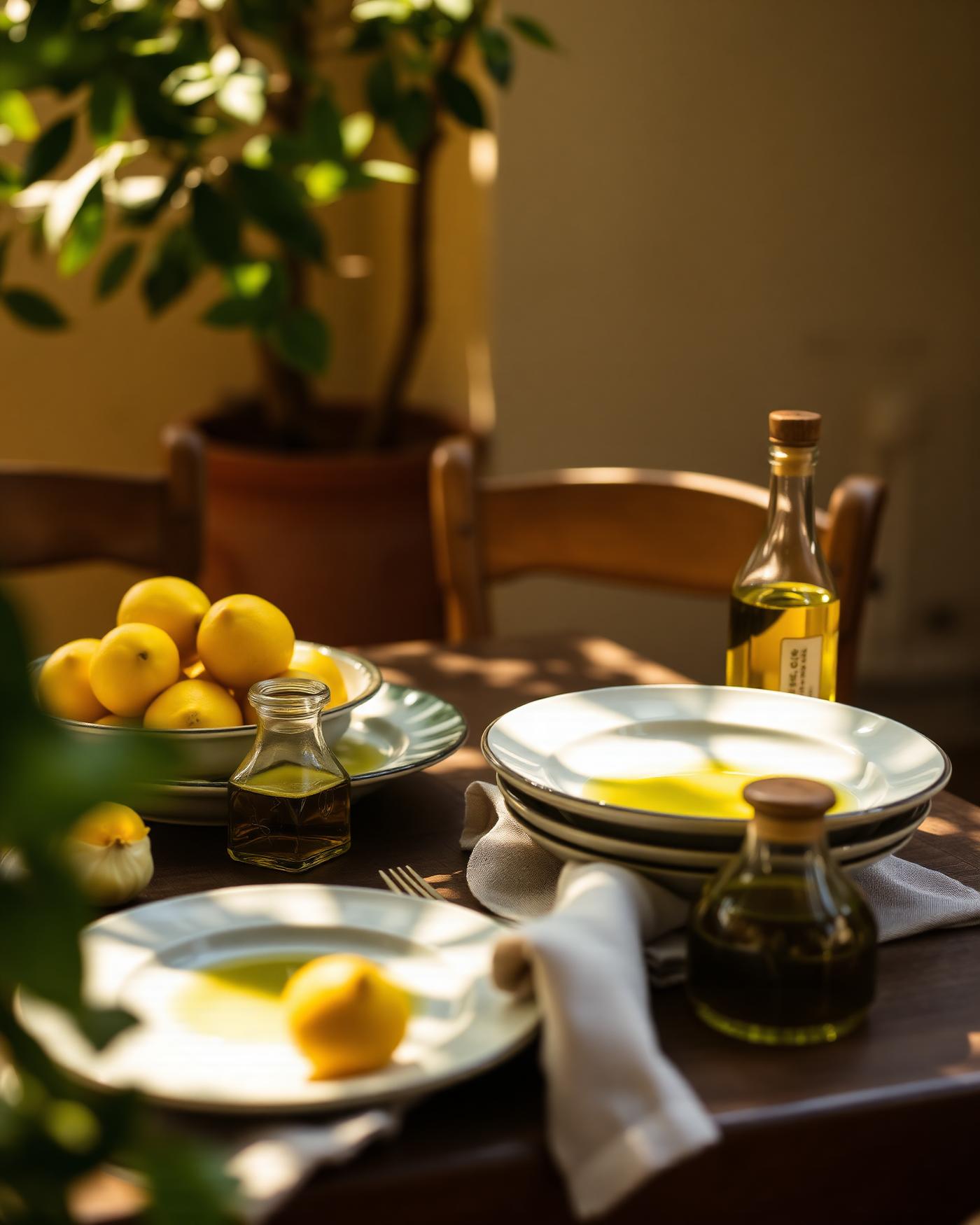 A rustic southern Italian table with ceramic plates, lemons and olive oil in dappled light