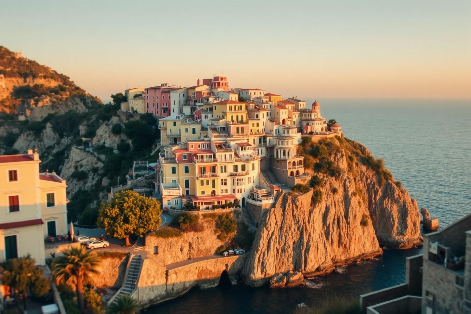 Pastel houses stacked on Amalfi cliffs above a deep blue sea at golden hour