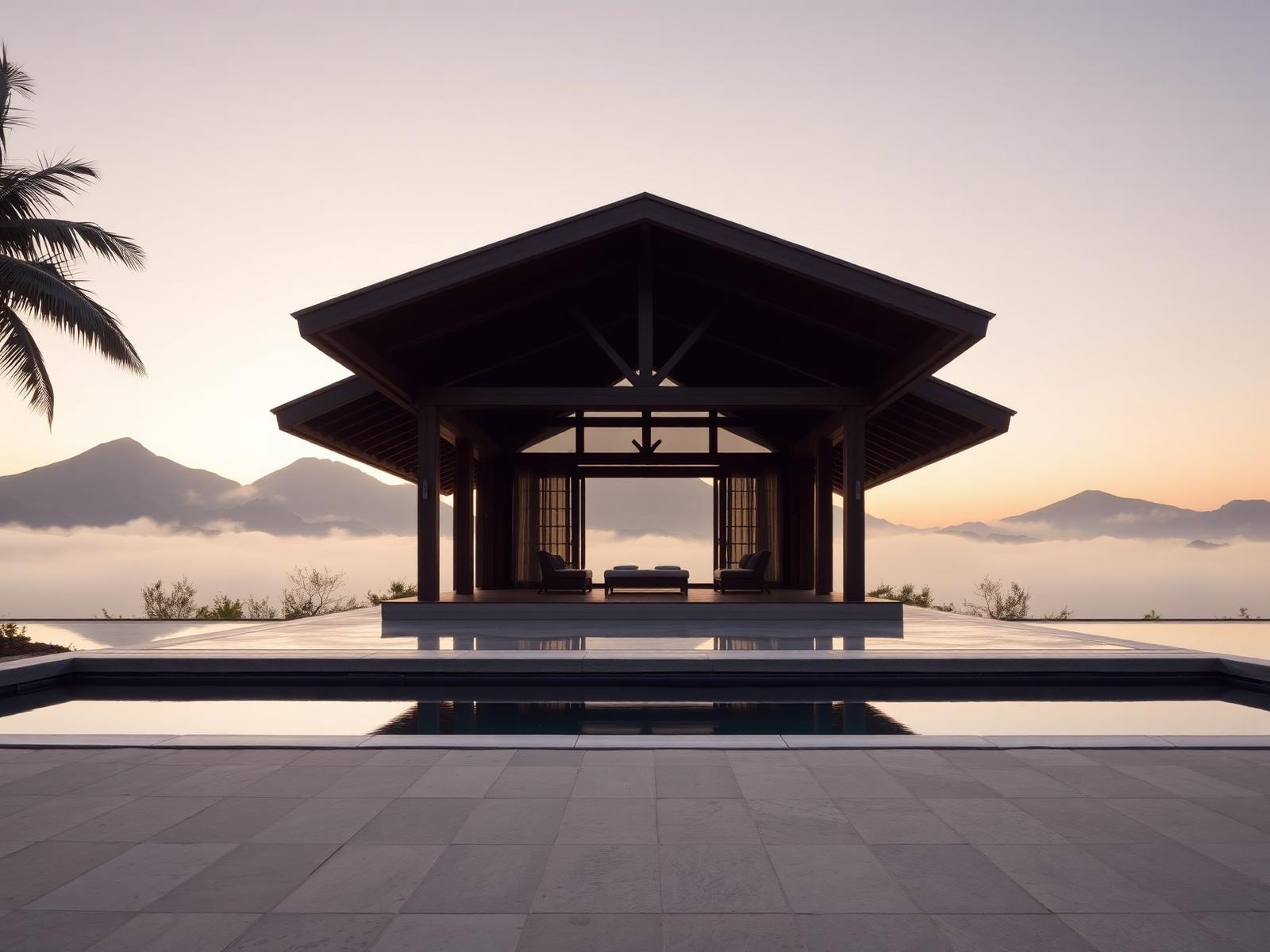 Timber pavilion above a still reflecting pool with mountains in dawn mist