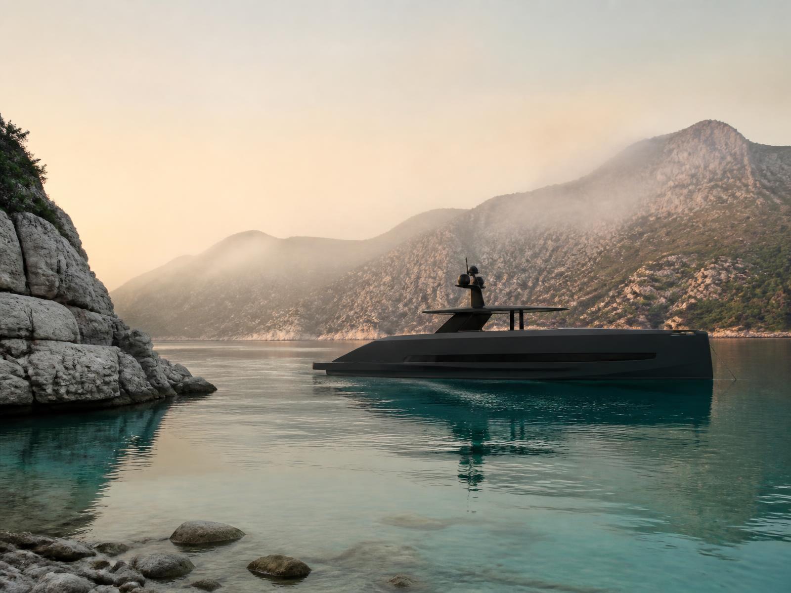 Dark-hulled minimalist yacht anchored alone in a still turquoise bay at dawn with mist on the cliffs
