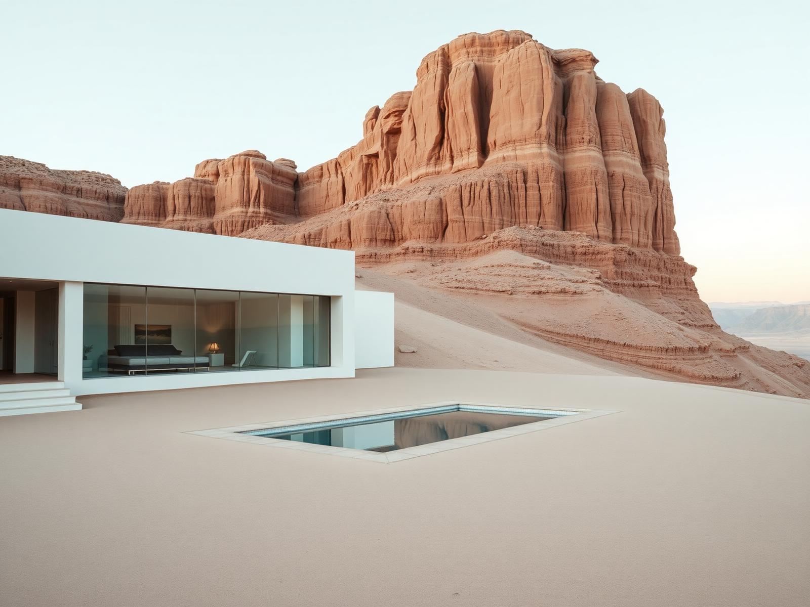 Pale concrete desert retreat built around a sandstone escarpment with a still pool at dawn