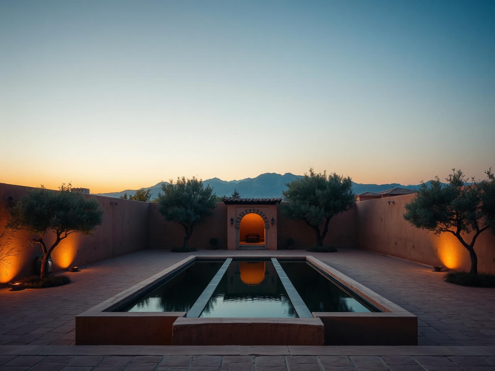 Moroccan earth-walled courtyard with a long still basin, olive trees and the Atlas mountains at dusk