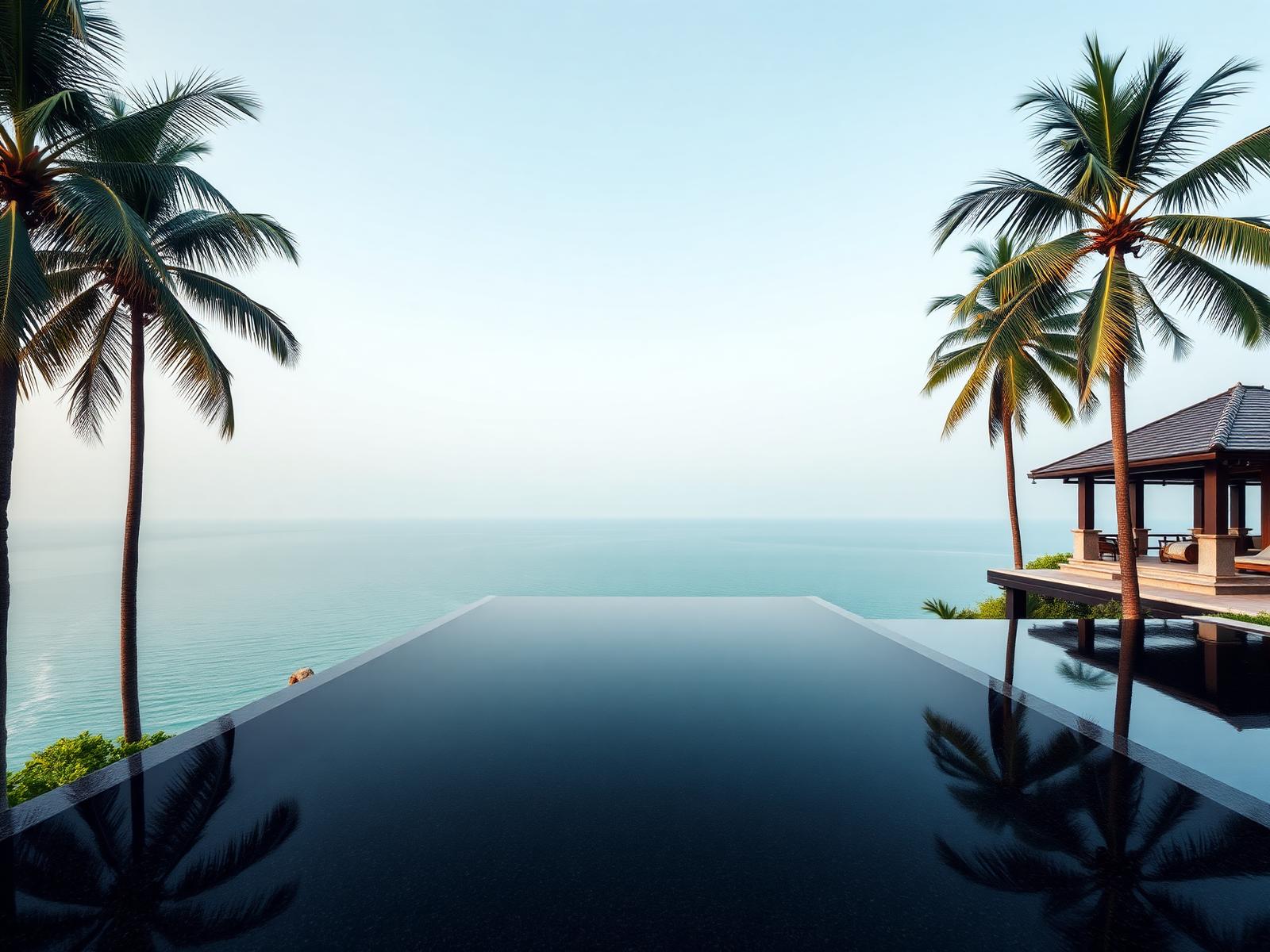 Black granite pool on a headland framed by coconut palms above the Andaman Sea