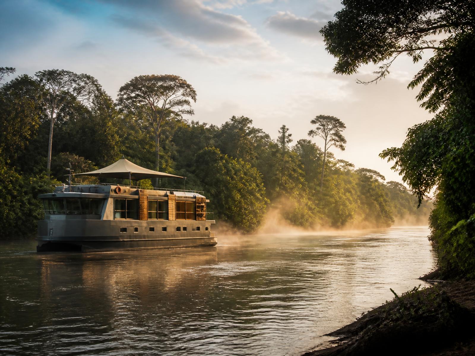 Small expedition river vessel on a wide jungle river at dawn with mist rising from the water