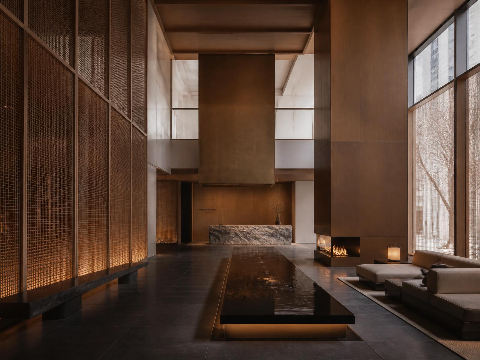 Double-height hotel interior with bronze screens, oak panelling, black stone floors, a long still water channel and a low fireplace