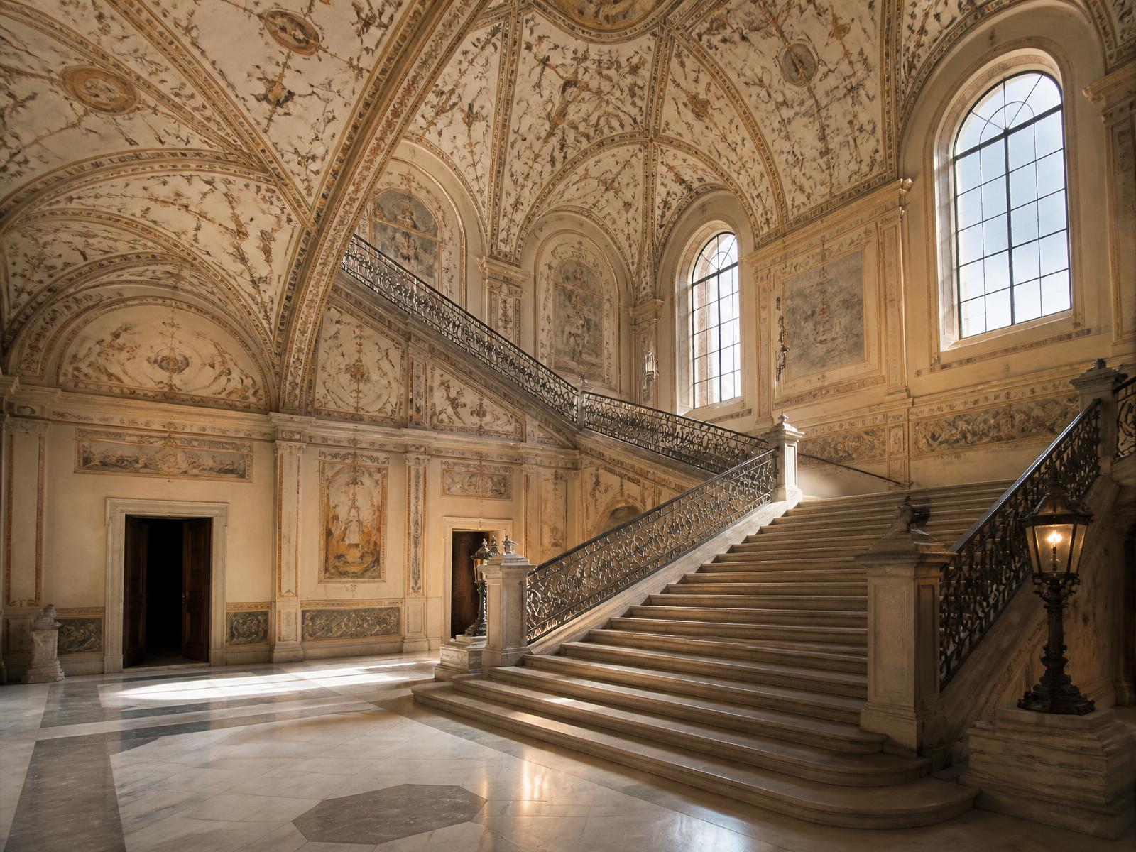 Grand hall of a Renaissance Florentine palace with a frescoed vaulted ceiling, pale marble floor and a monumental stone staircase in warm daylight