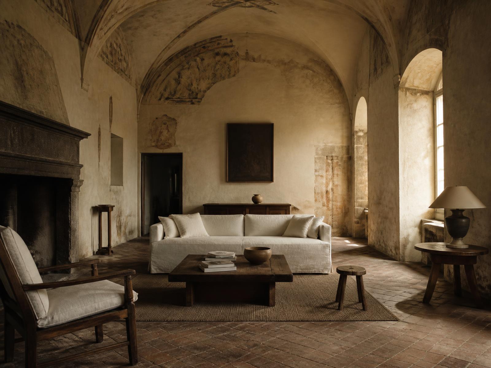 Vaulted stone hall in a Tuscan castle with fresco fragments, lime plaster, oak furniture and linen upholstery in warm daylight
