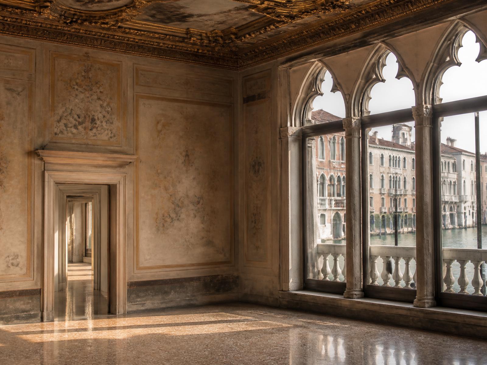 Empty palazzo salon with faded frescoes, gilded ceiling and Gothic arched windows overlooking the canal