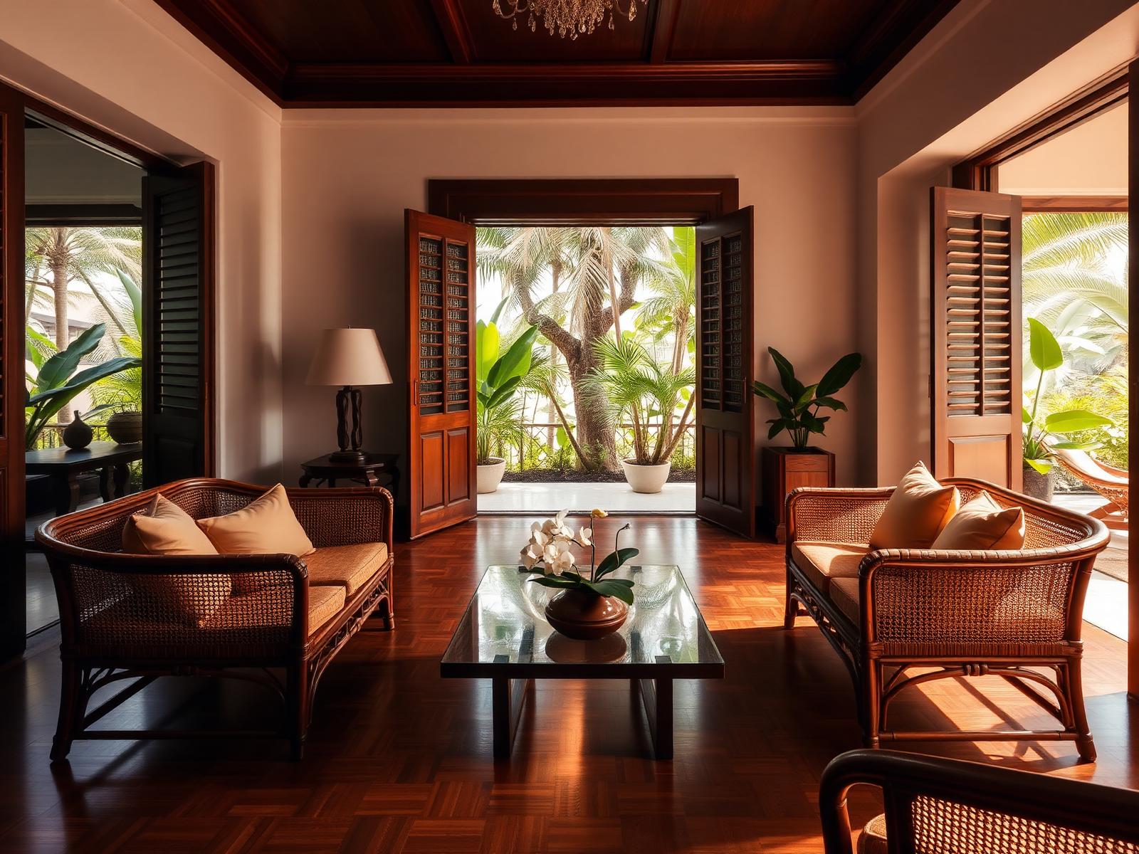 Colonial Authors' Wing interior of a historic Bangkok hotel with teak columns, white louvred shutters, rattan chairs, marble floor and white orchids in warm morning light