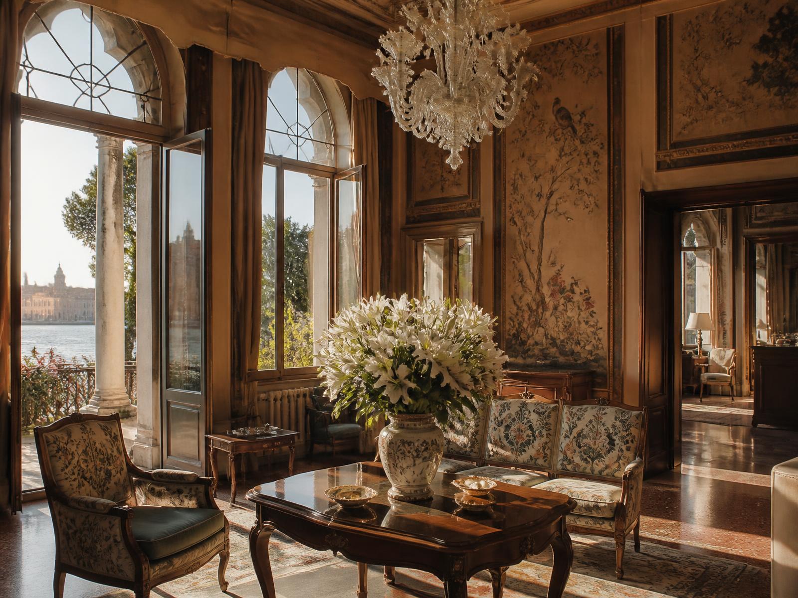 Grand Venetian salon with antique furniture, hand-painted panels, a Murano glass chandelier and tall arched windows onto the lagoon