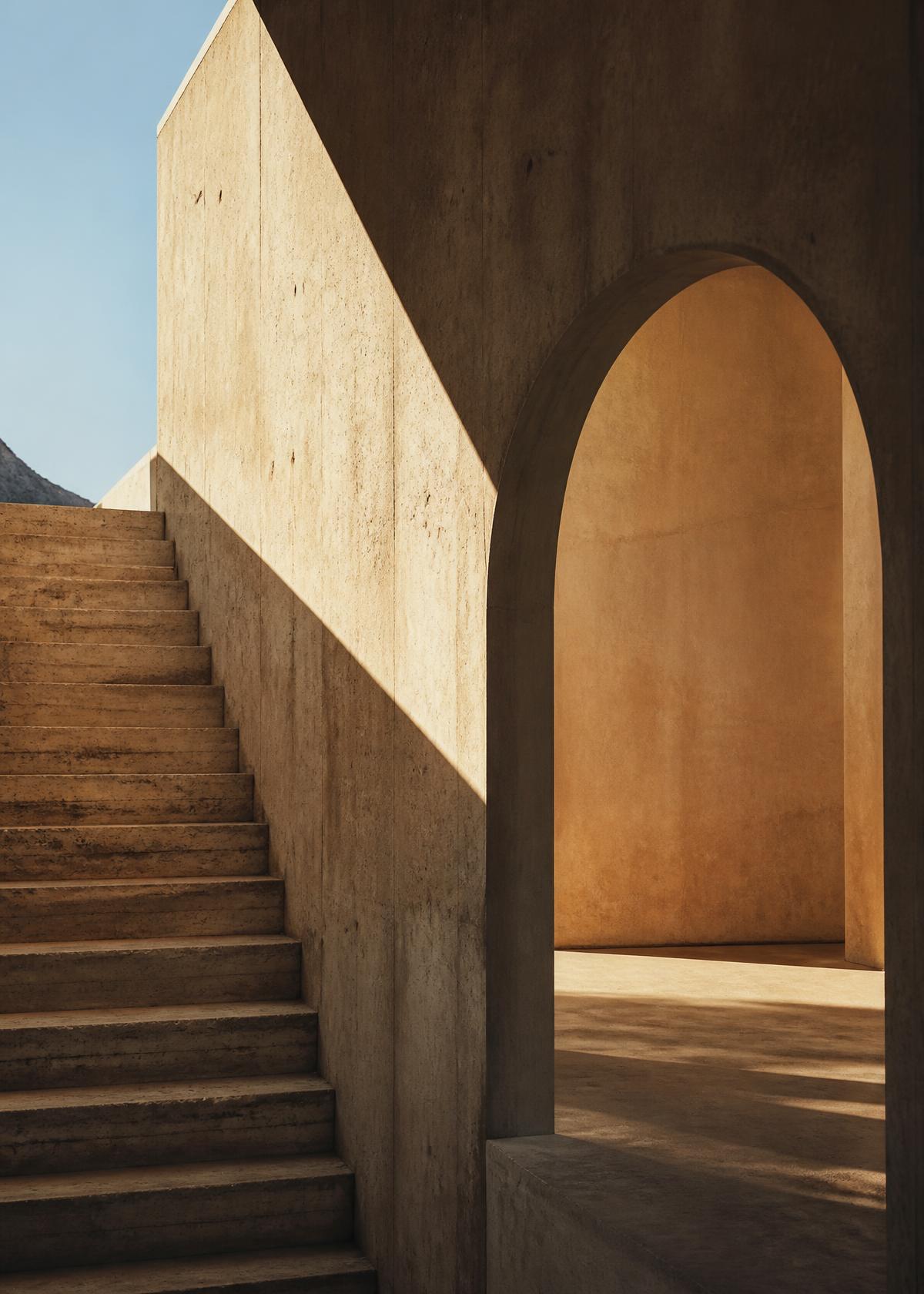 Sunlit stone architecture with deep shadow and a single arched opening