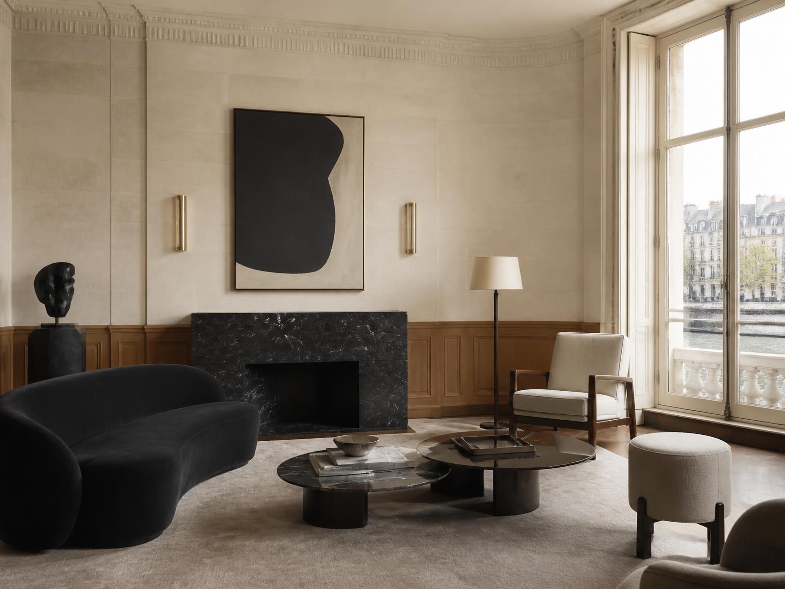 Contemporary French salon with limestone walls, oak panelling, black marble fireplace, a modern artwork and tall windows onto the Seine