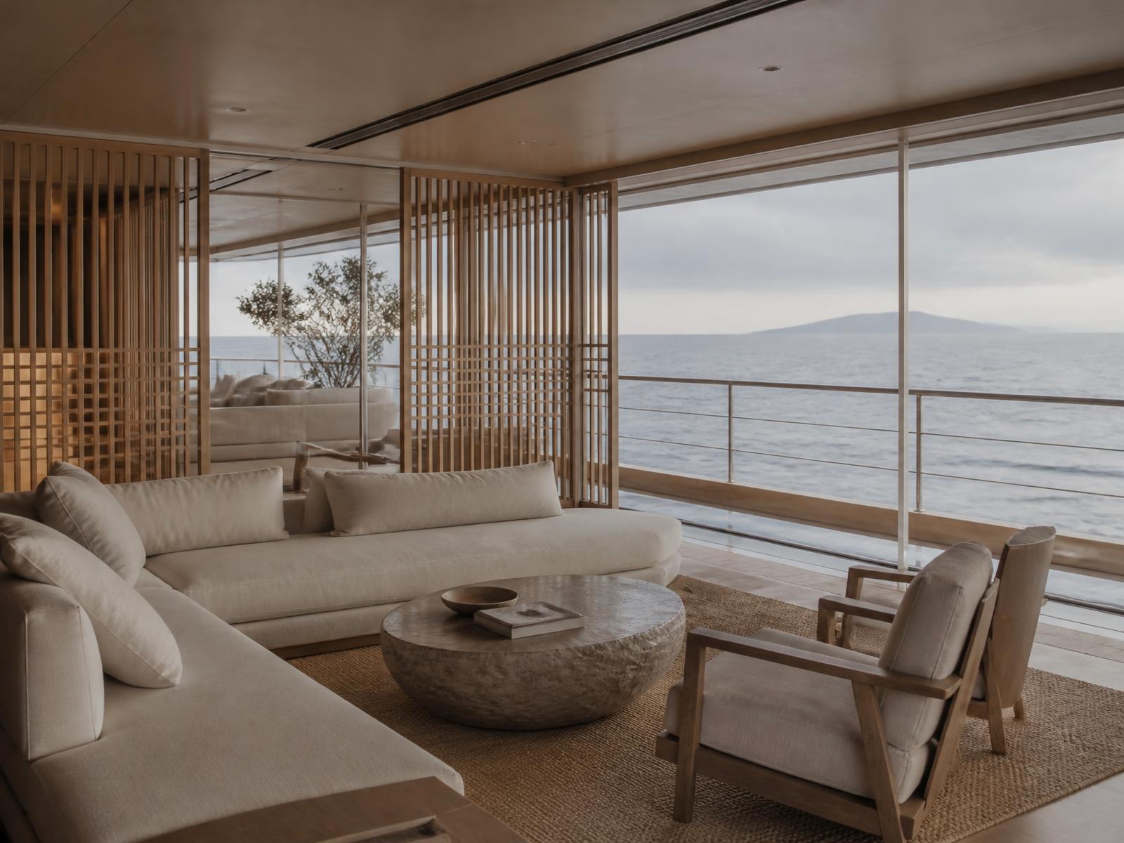 Empty yacht lounge with pale oak screens, a low stone table, linen seating and floor-to-ceiling glass framing the open ocean