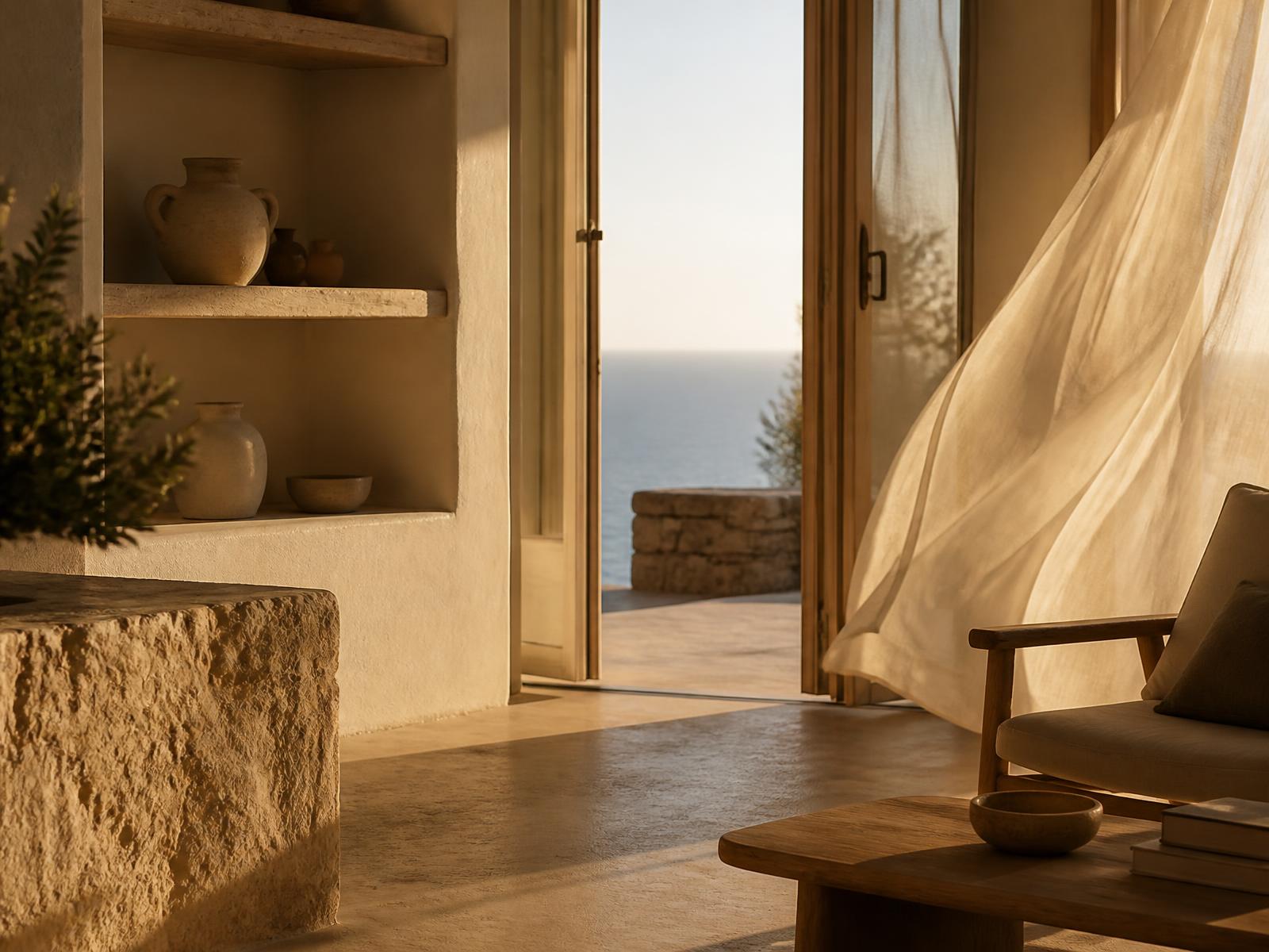 Mediterranean interior in natural limestone and warm oak with handmade ceramics, linen curtains and open doors onto a terrace above the sea