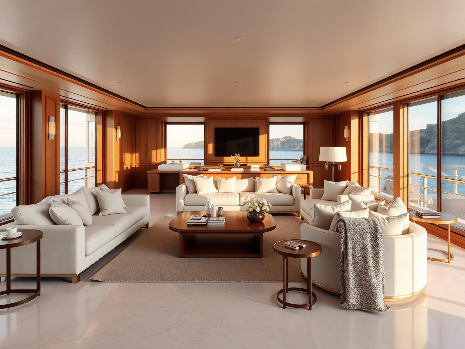 Residential yacht lounge with pale stone floors, cream linen seating, warm oak joinery and floor-to-ceiling glass onto the Mediterranean