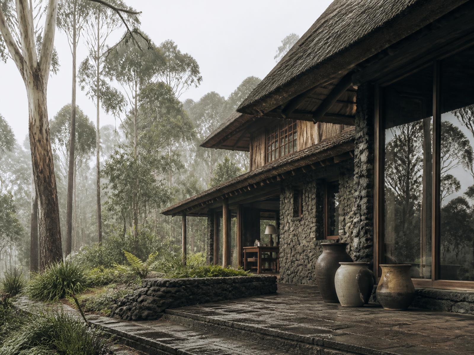 Exterior of a Rwandan forest lodge built from dark volcanic stone and timber with a thatched roof, handmade ceramic vessels and mist between eucalyptus trees