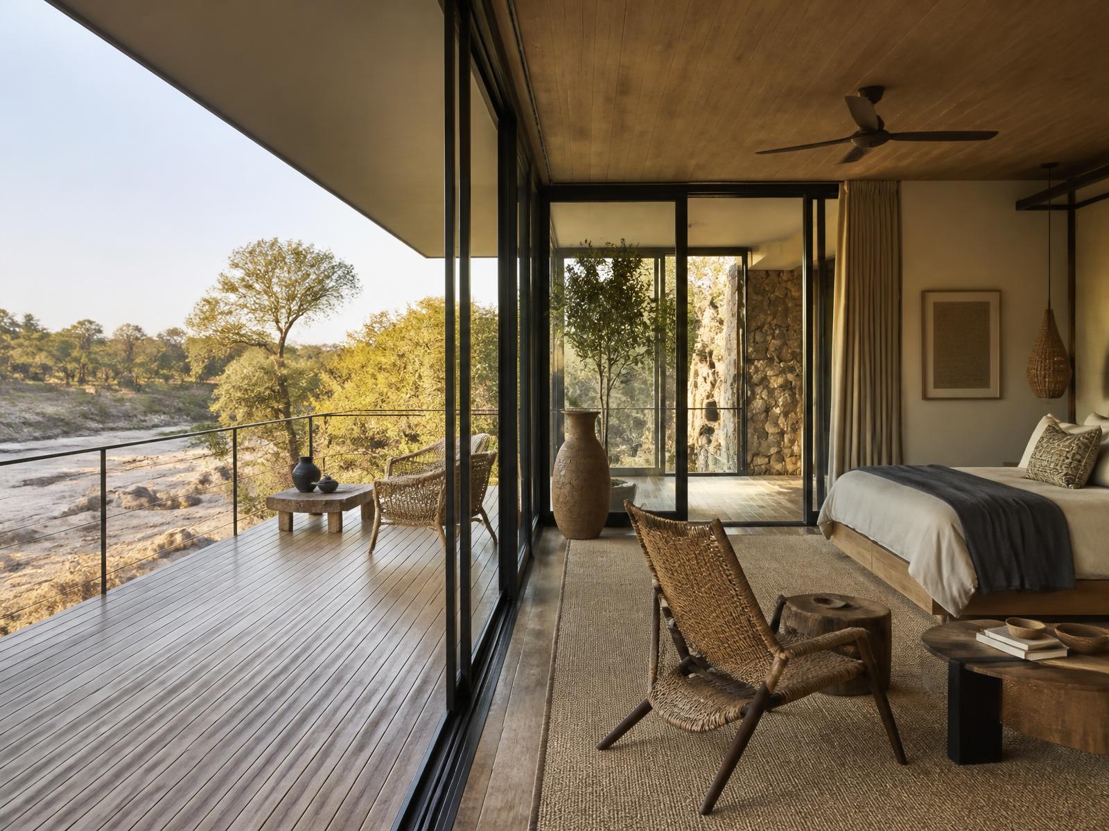 Contemporary safari suite with floor-to-ceiling glass walls, slender steel frame, natural timber decking cantilevered over a dry riverbed and woven African craft objects