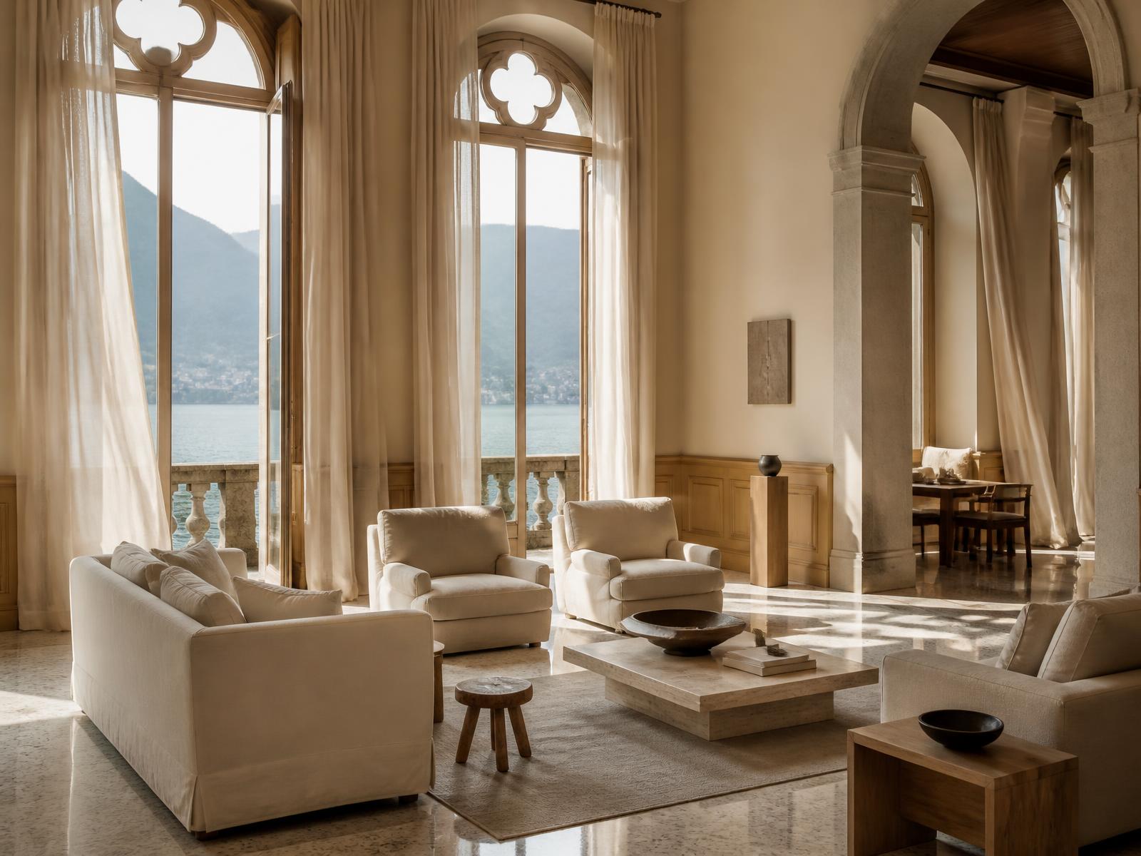 Salon of a restored nineteenth-century Italian lakeside villa with marble floors, soft oak panelling, linen upholstery and tall windows open onto Lake Como