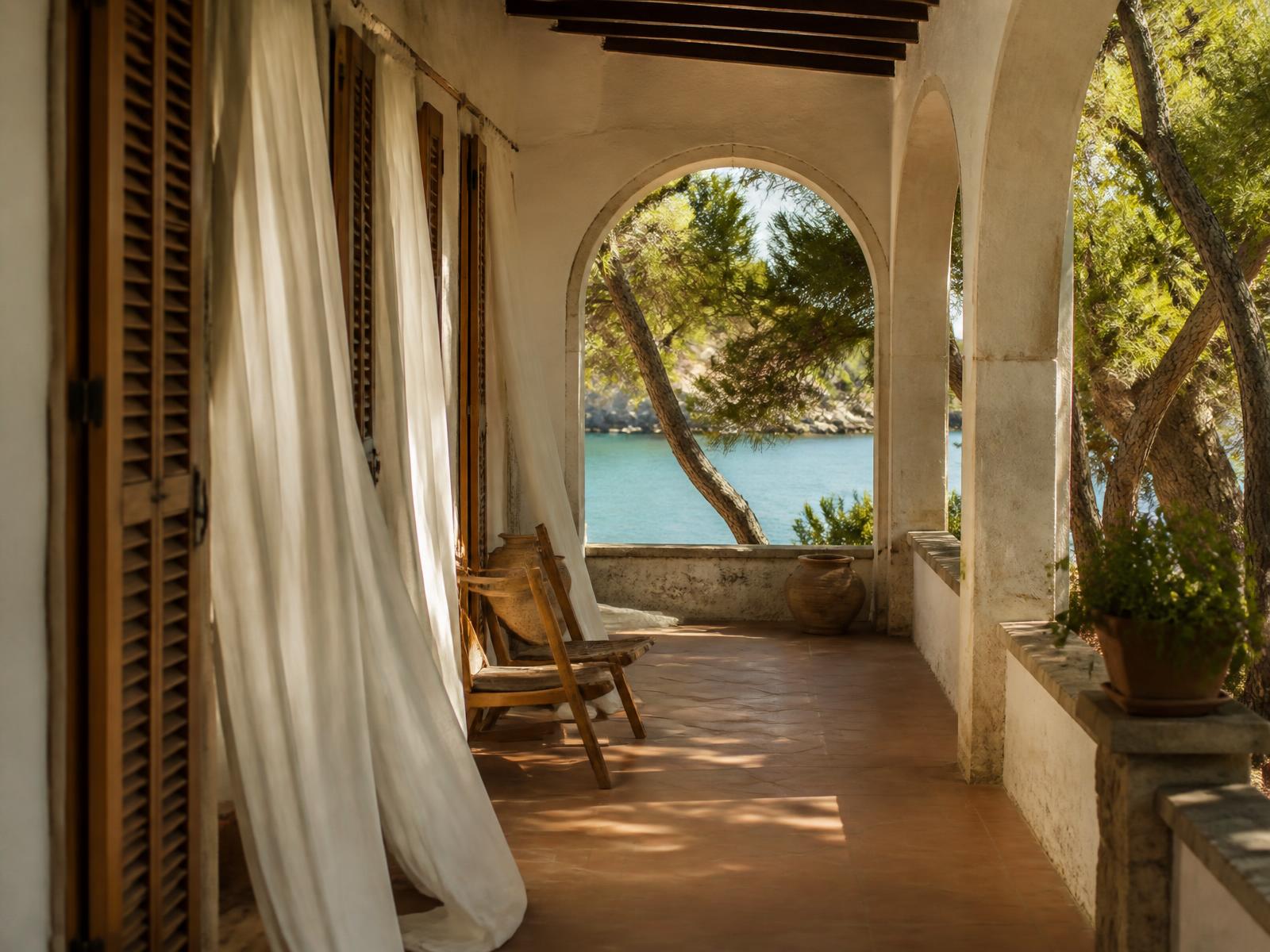 Shaded stone colonnade with oak shutters and linen curtains framing pine trees and turquoise sea