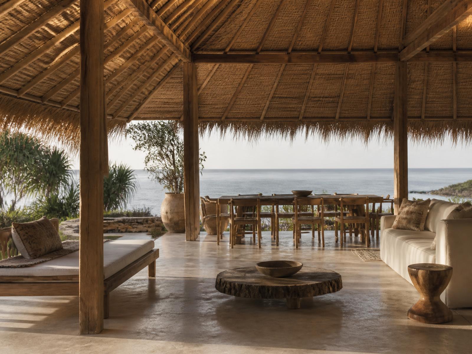 Open-air Indonesian pavilion with a high alang-alang thatched roof, reclaimed teak posts, stone floor and handwoven Sumbanese textiles, framing the Indian Ocean beyond