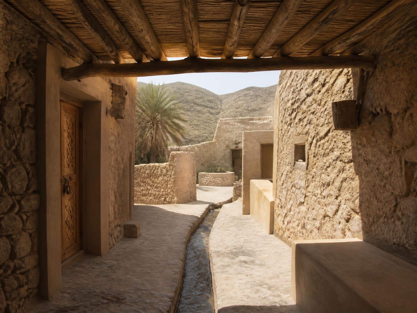 Shaded lane in a traditional Omani village with rough stone walls, earth-coloured plaster, palm-wood ceiling beams, a carved timber door and a narrow stone water channel