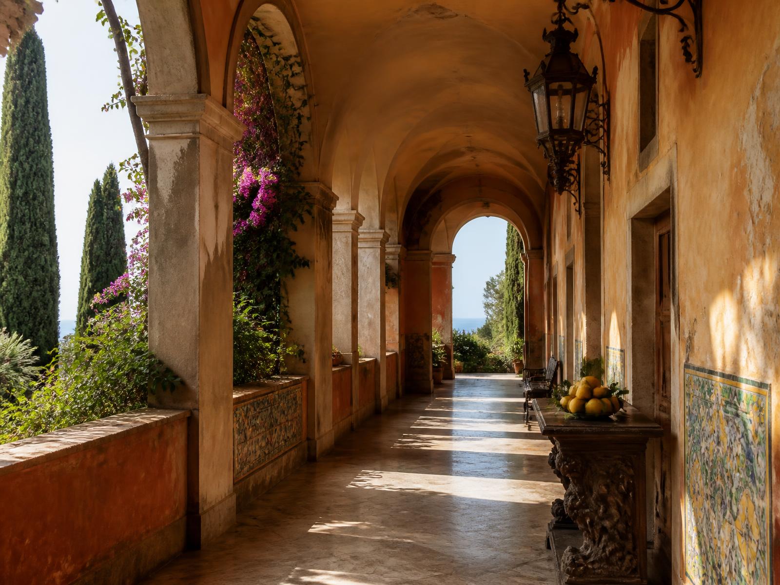 Arched loggia of a former Ligurian monastery with terracotta walls, hand-painted tiles, marble floor and bougainvillea beyond the arches