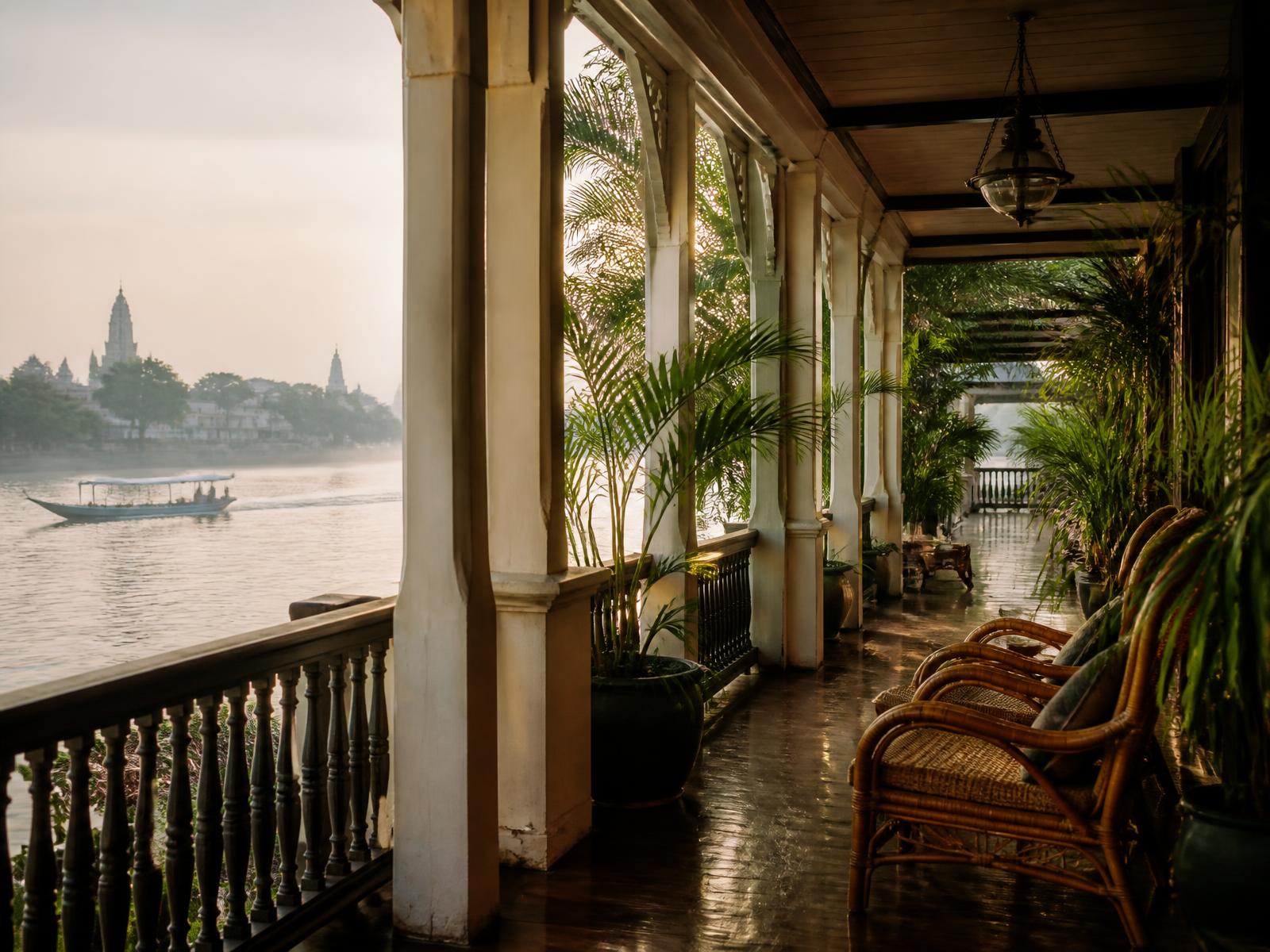 Colonial riverside veranda in Bangkok with rattan chairs, palms and a long-tail boat on the Chao Phraya at dawn