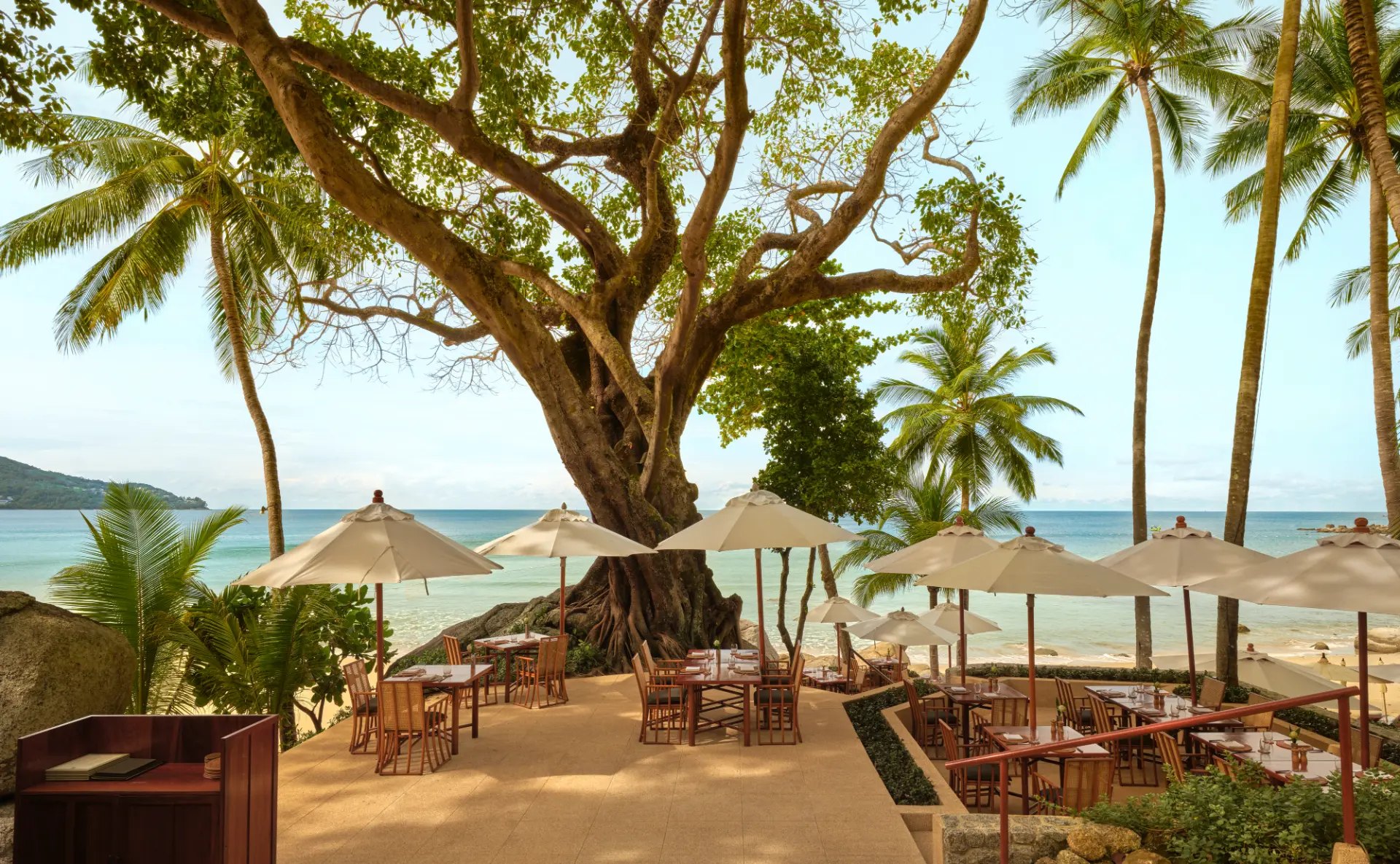Die Beach Terrace unter einem alten Baum, weiße Sonnenschirme und Holztische über dem türkisfarbenen Wasser der Bucht