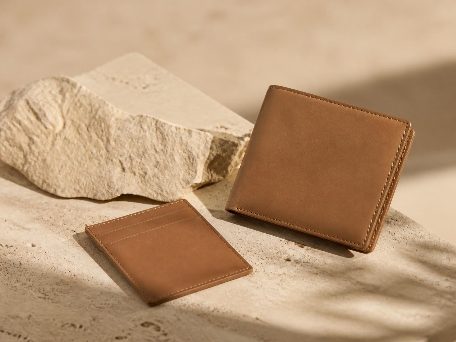 Hellbraune Leder-Bifold-Brieftasche und Kartenetui auf blassem Travertin im goldenen Licht