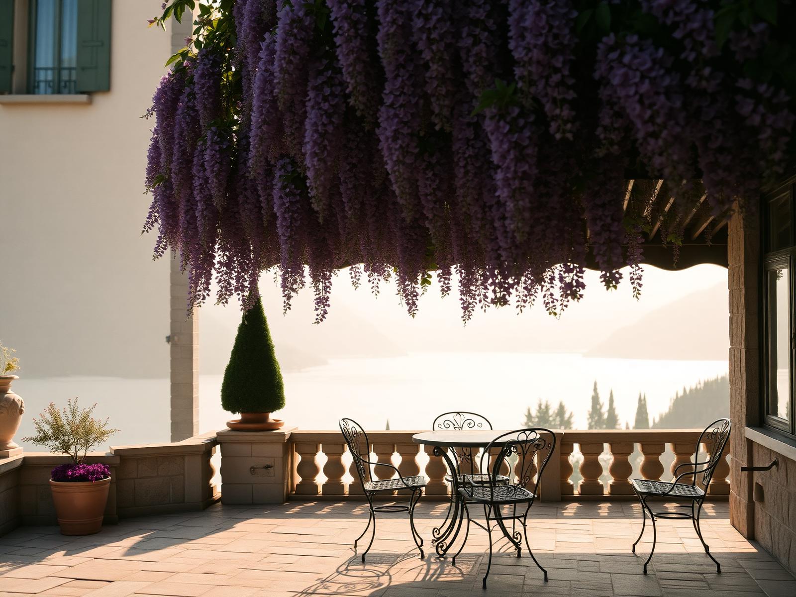 Wisteria-covered stone terrace with iron café chairs above a lake in morning haze
