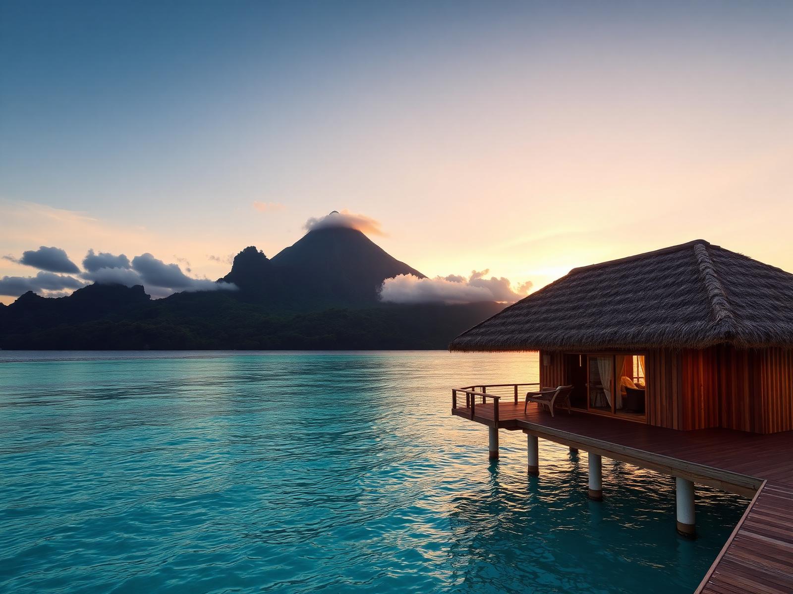 Thatched overwater bungalow on a turquoise lagoon with a volcanic peak silhouetted at sunset