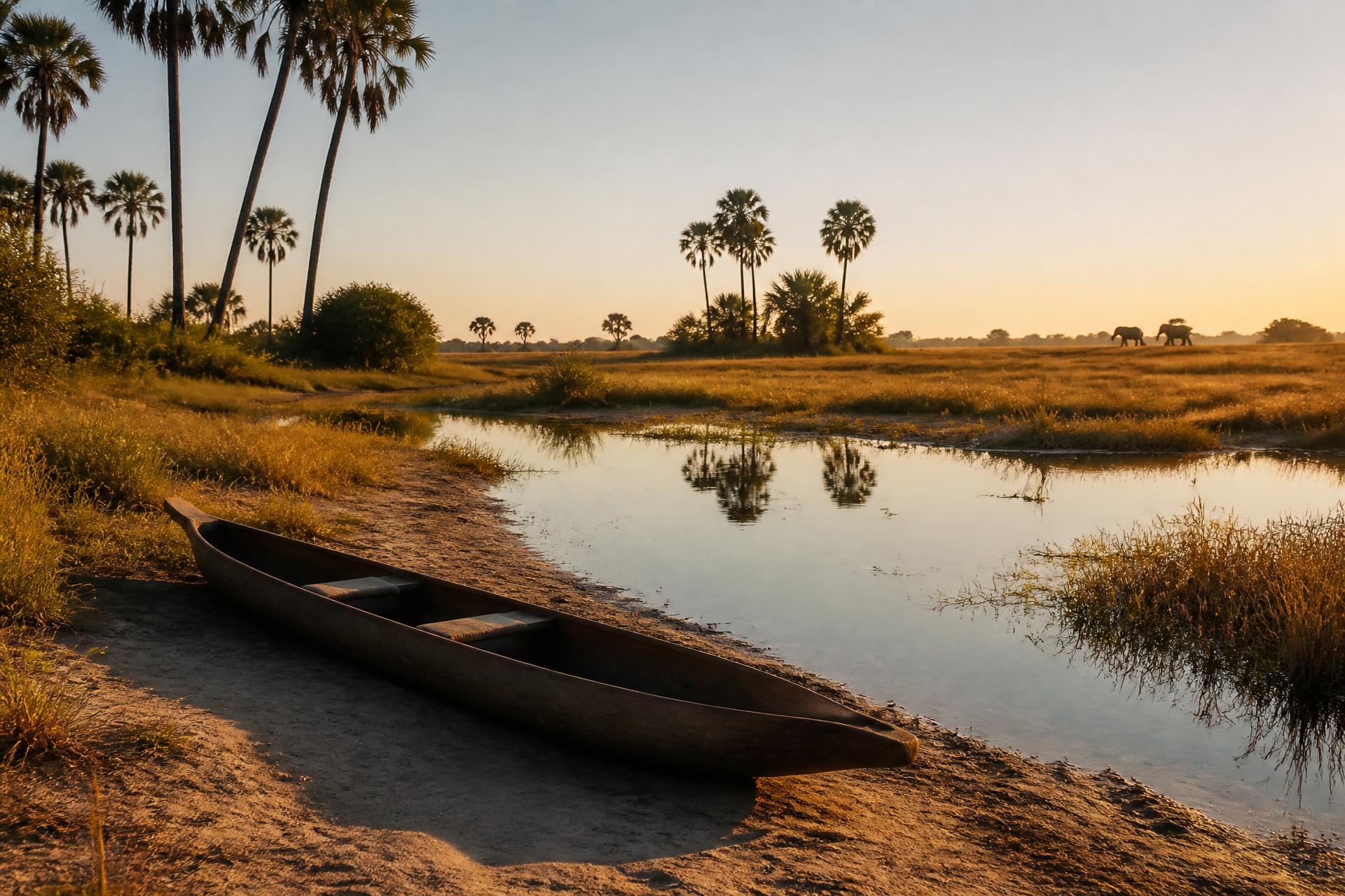 Channels of the Okavango Delta at dusk with palm islands and a mokoro on the bank