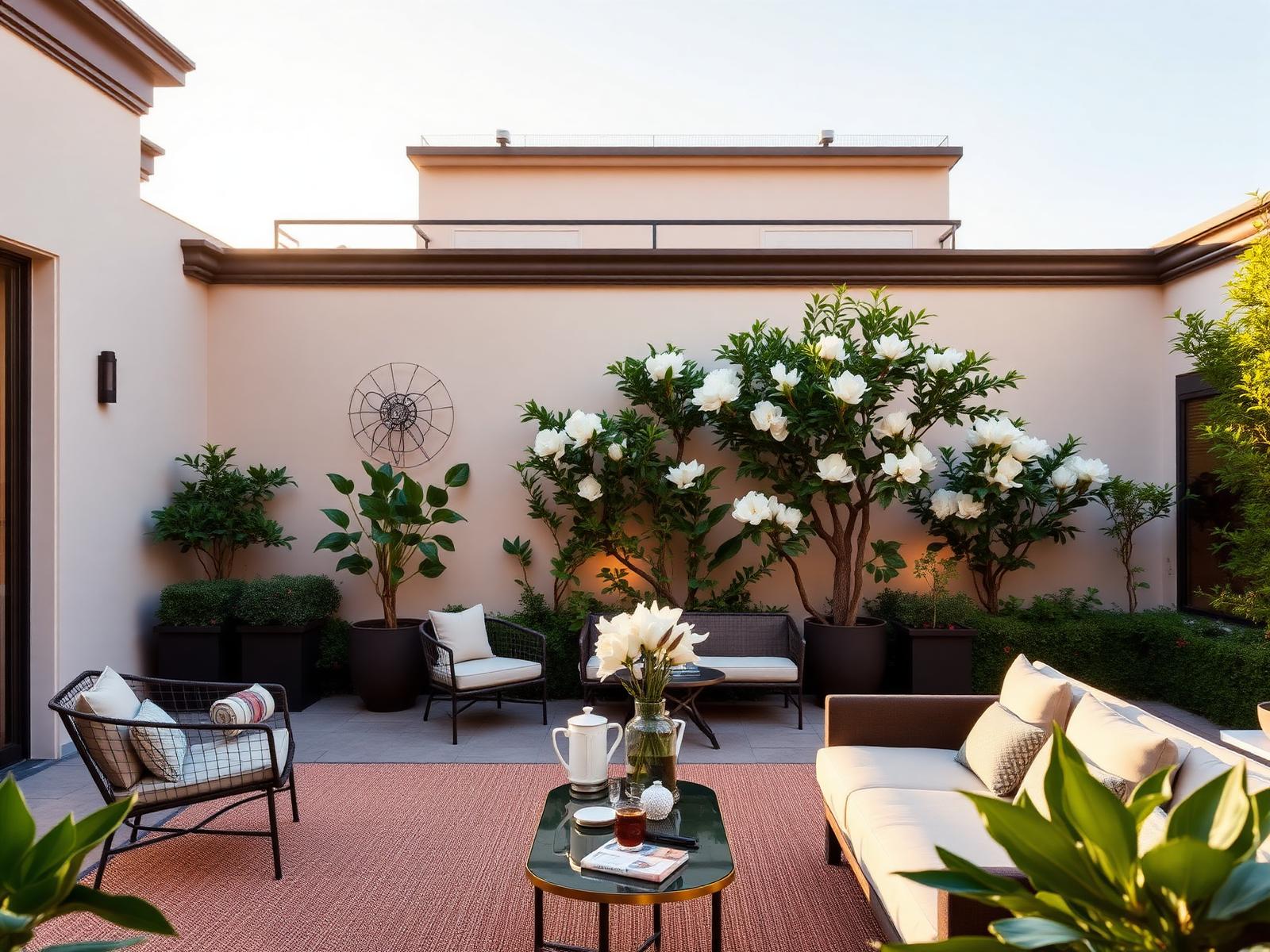 Privater Hotelgarten in Mailand mit alter Magnolie und moderner italienischer Loungemöblierung im Abendlicht