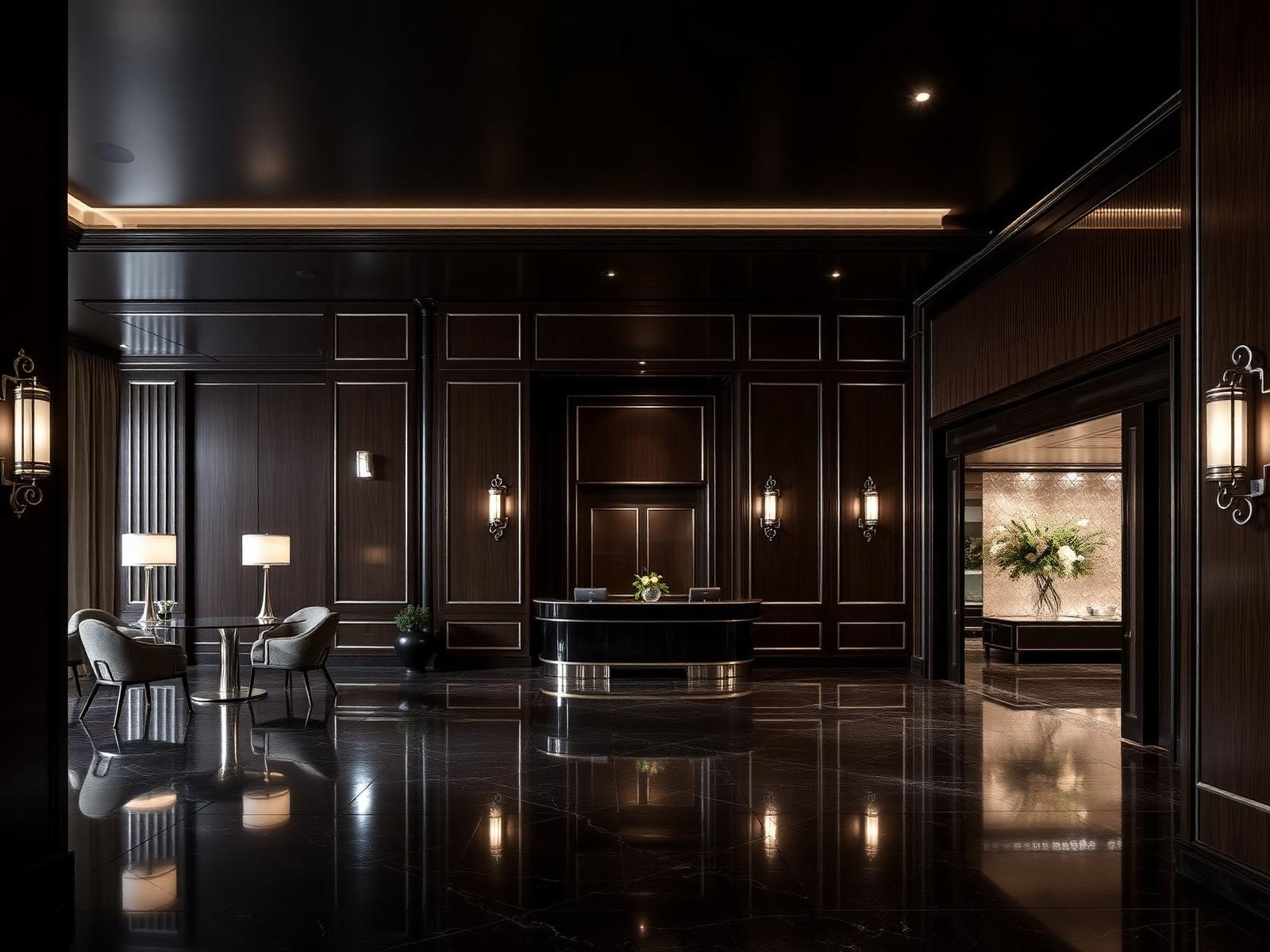 Lobby eines Londoner Hotels mit dunklem Eichenholz, Silberdetails und gedämpftem Licht