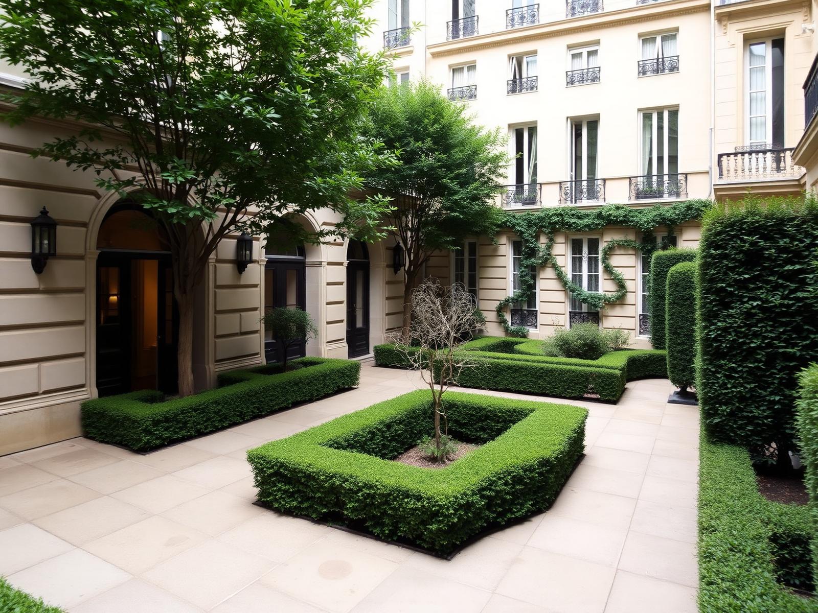 Begrünter Innenhof eines Pariser Hotels mit geschnittenen Buchshecken und heller Kalksteinfassade