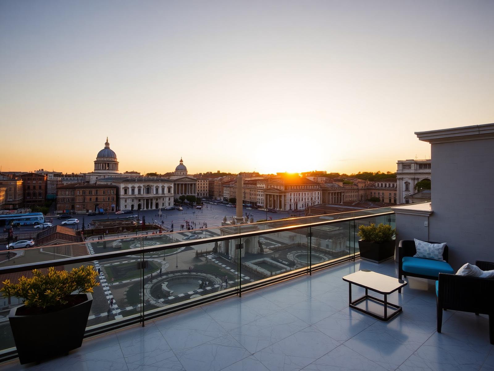 Dachterrasse eines römischen Hotels mit Blick über antike Ruinen im Abendlicht
