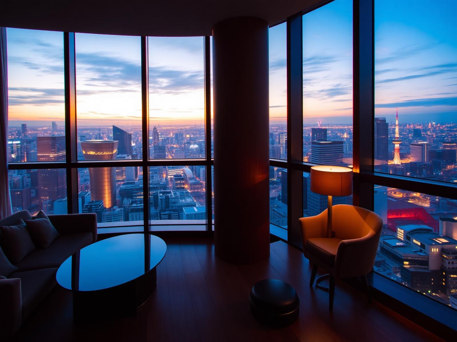 Zimmer in einem Hochhaushotel mit bodentiefen Fenstern und Blick über eine Stadt zur blauen Stunde
