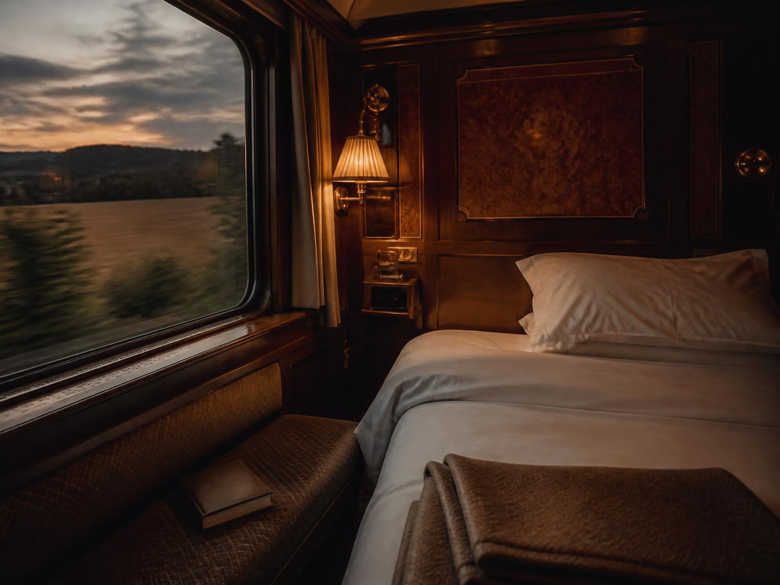 A private cabin aboard a vintage luxury European train at dusk with warm wood panelling, a brass reading lamp, crisp white linen and evening countryside passing the window