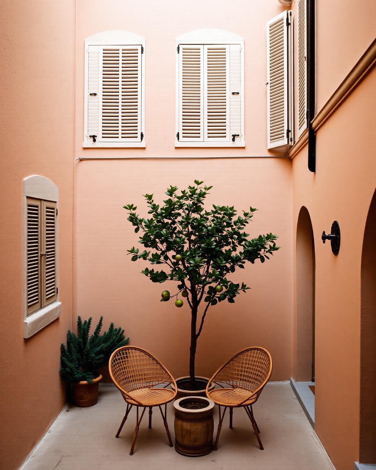 Innenhof eines mallorquinischen Stadthauses mit Feigenbaum, Rattanstühlen und Sandsteinmauern