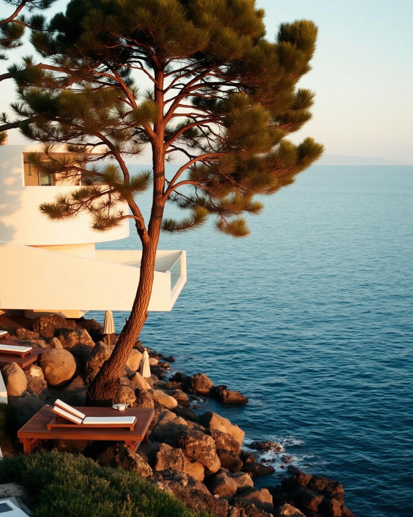 Zeitgenössisches Strandhotel am Cap d'Antibes mit Pinie, Holzdeck und ruhigem Meer