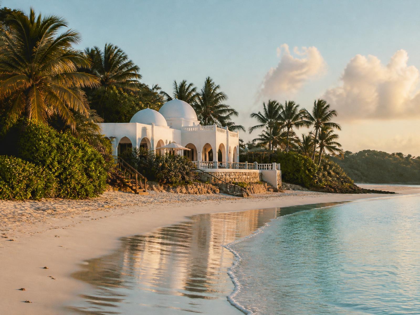 White domed Moorish beach villa on a crescent of pale sand beside turquoise Caribbean water at golden hour