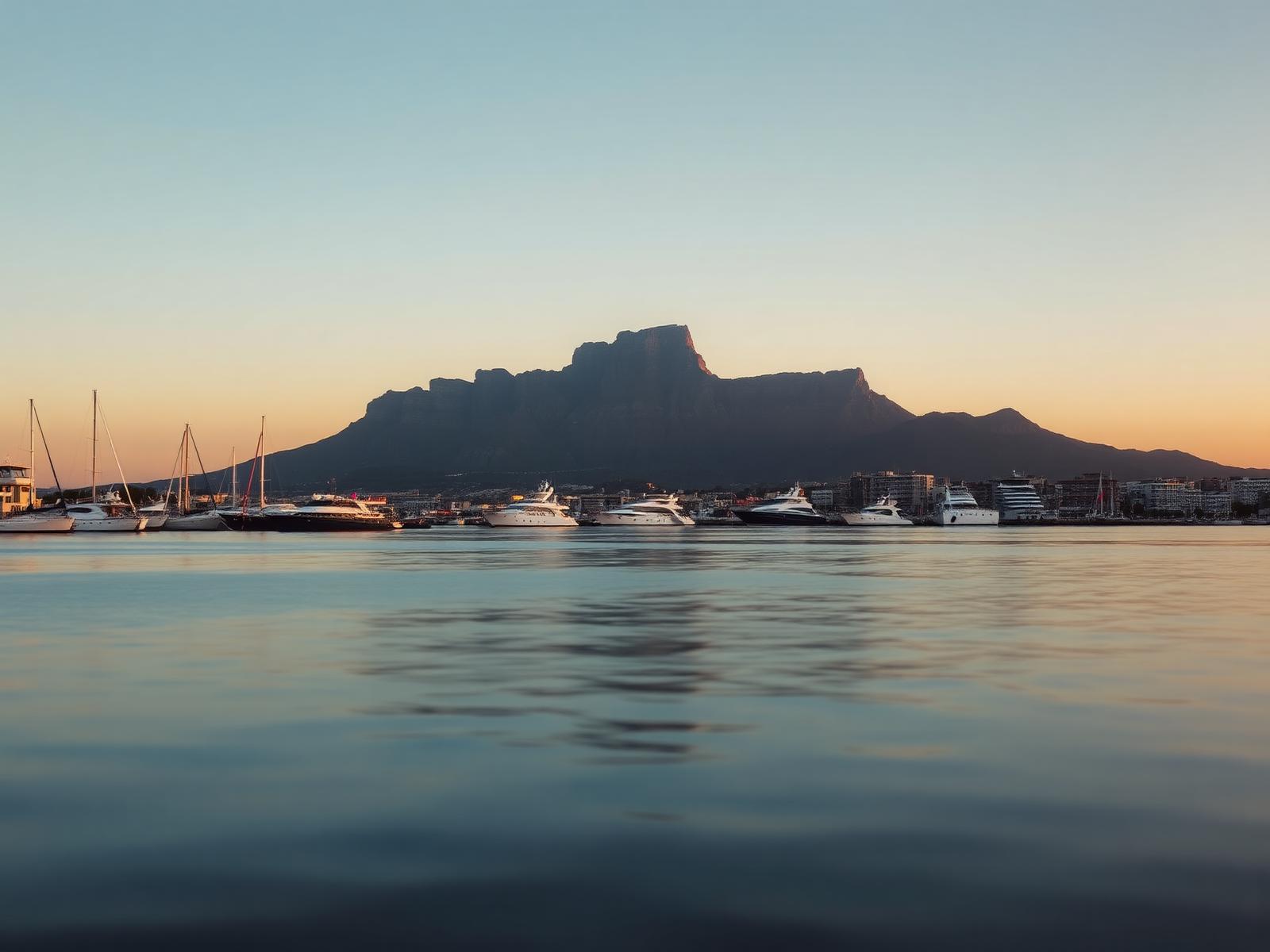 Table Mountain in silhouette at golden hour above still harbour water in Cape Town