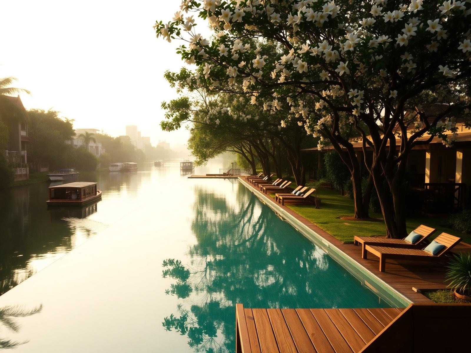 Langer Pool am Flussufer in Bangkok mit Frangipani-Bäumen im goldenen Morgenlicht