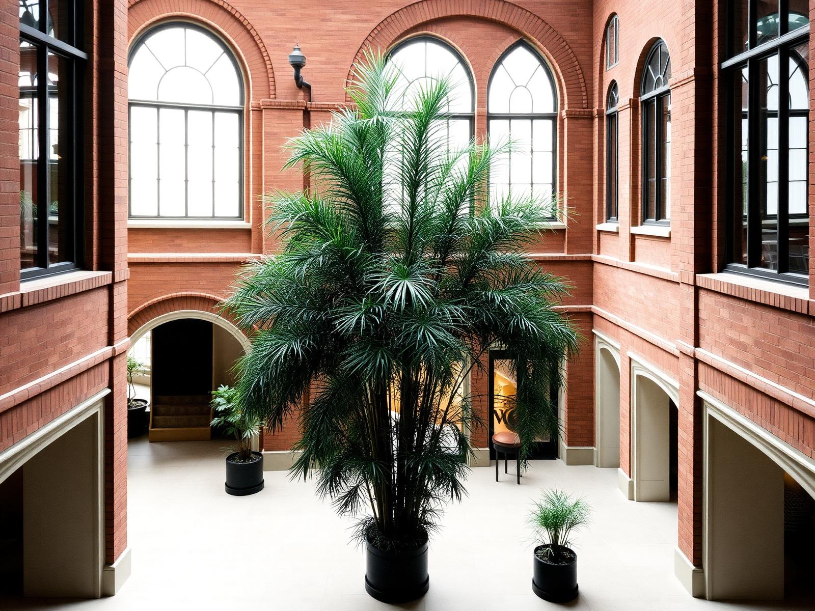 Atrium eines restaurierten Sandsteingebäudes in Sydney mit Bogenfenstern und hohem Grün