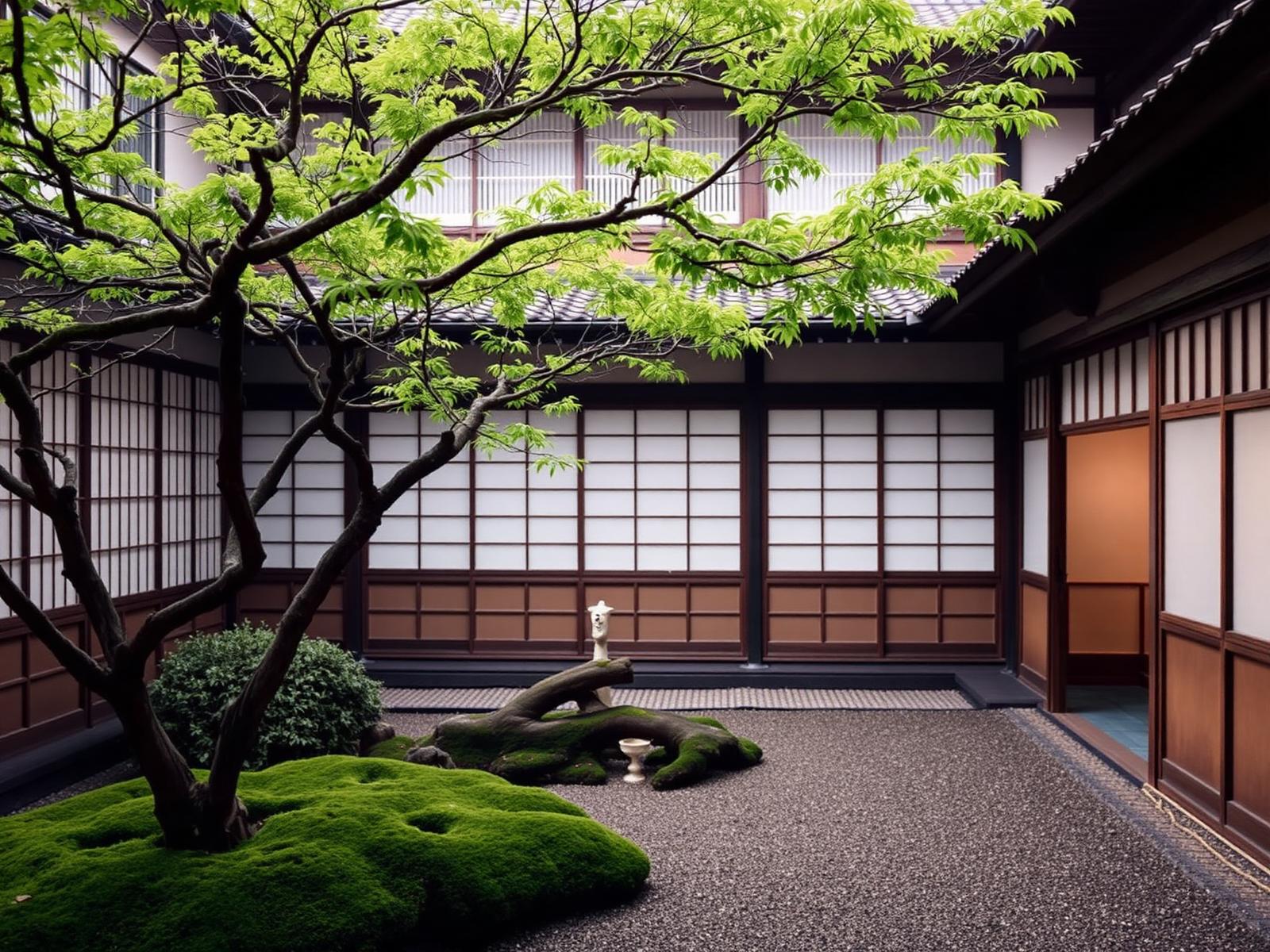 Moosgarten mit Ahorn und Shoji-Wänden eines Stadthauses in Kyoto im Morgennebel