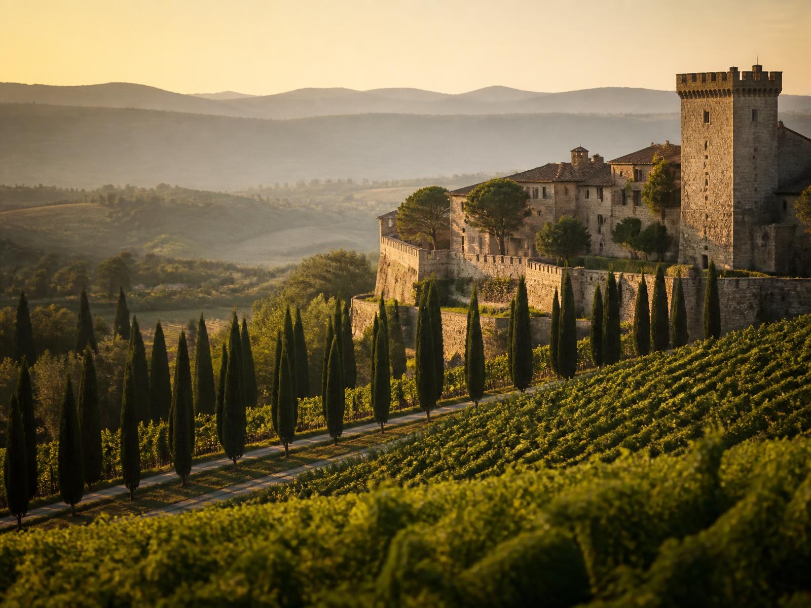 Honey-stone Tuscan castle estate above cypress avenues and vineyards in evening haze