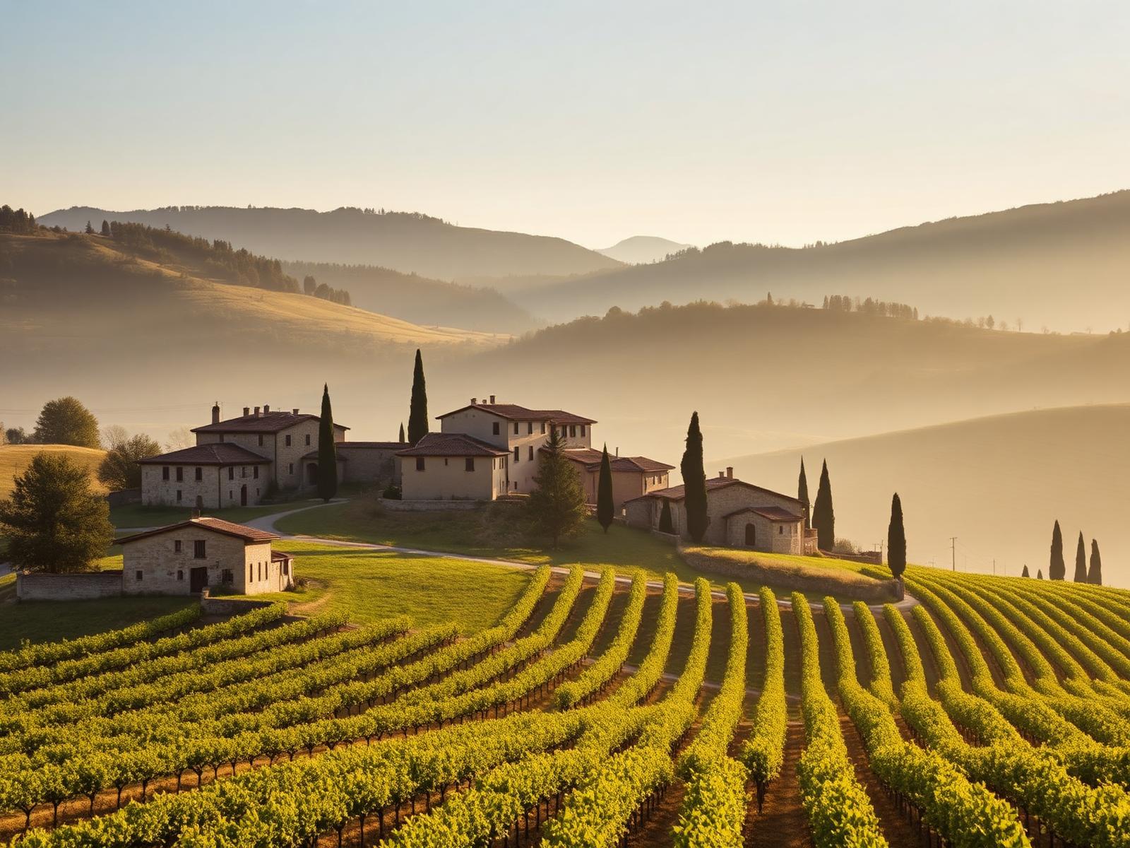 Ancient Tuscan stone hamlet among vineyards and cypress rows in Val d'Orcia at dawn
